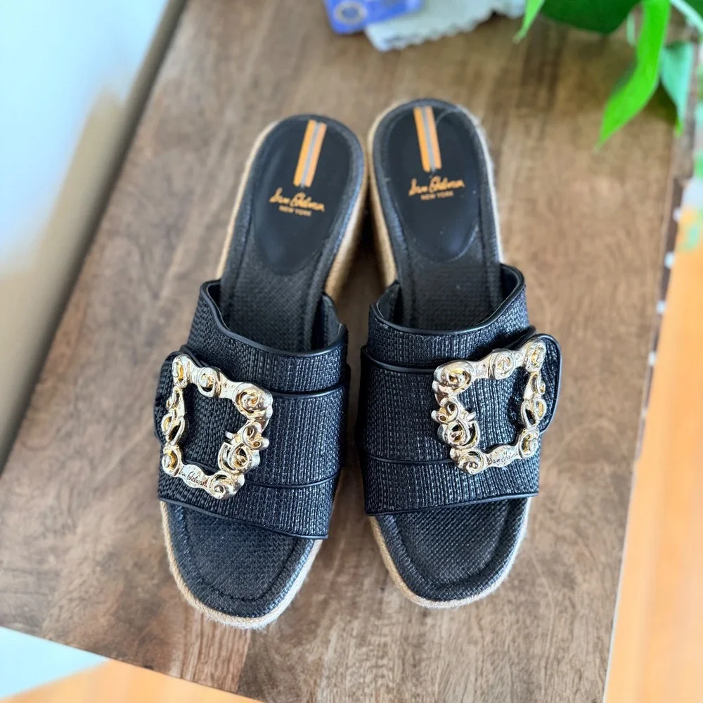 Sam Edelman Adaley‎ Black Raffia Platform Slides Resort Coastal Luxe 11